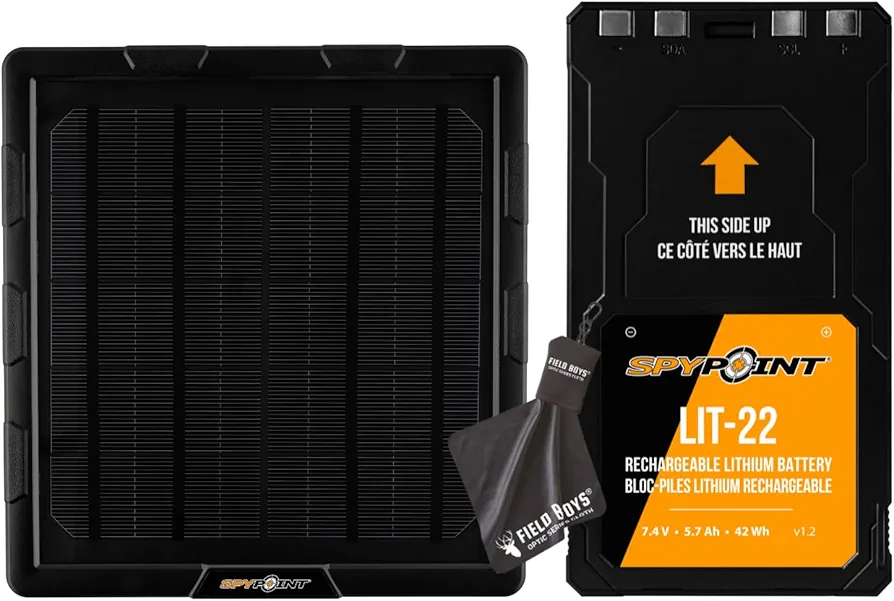 SPYPOINT Rechargeable 7.4V Lithium Battery Pack for Trail Camera, Solar Panel SPLB-10 for Trail Cameras, and Field Boys Microfiber Cleaning Cloth