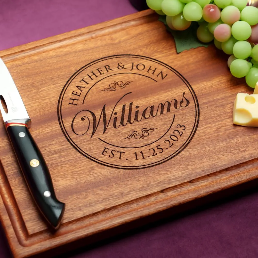 Straga Personalized Cutting Boards | Handmade Wood Engraved Charcuterie | Custom Wedding, Anniversary, Housewarming Gift for Couples (Round Stamp Design No.001)