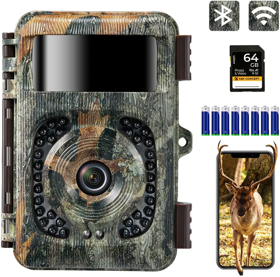 4K 48MP WiFi Trail Camera, Bluetooth Game Camera with No Glow Night Vision Motion Activated Waterproof, 0.2s Trigger Time, 120° Wide-Angle, 2.4'' LCD Hunting Camera for Outdoor Wildlife Monitoring