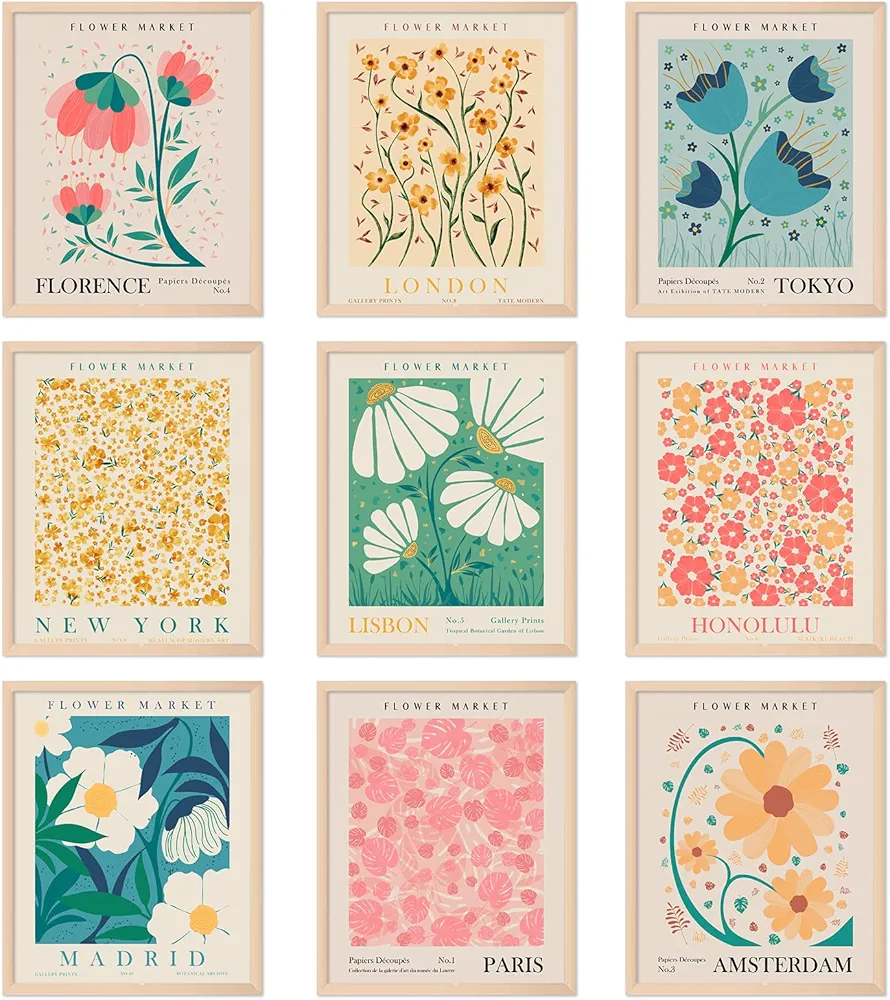AnyDesign 9Pcs Flower Market Wall Art Prints Matisse Art Poster Unframed Floral Drawing Posters Colorful Decor for Gallery Room Aesthetic Living Room Bathroom Decor, 8x10inch