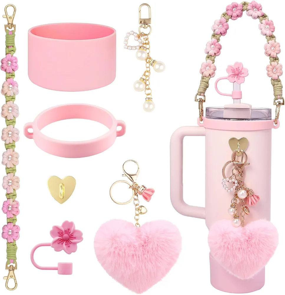 VIQWYIC 7-Piece Water Bottle Accessories Set for Stanley Cup 30oz & 40oz Tumblers Includes Handle Strap, Silicone Boot, Straw Cover Cap, and Pearl Keychain Charms