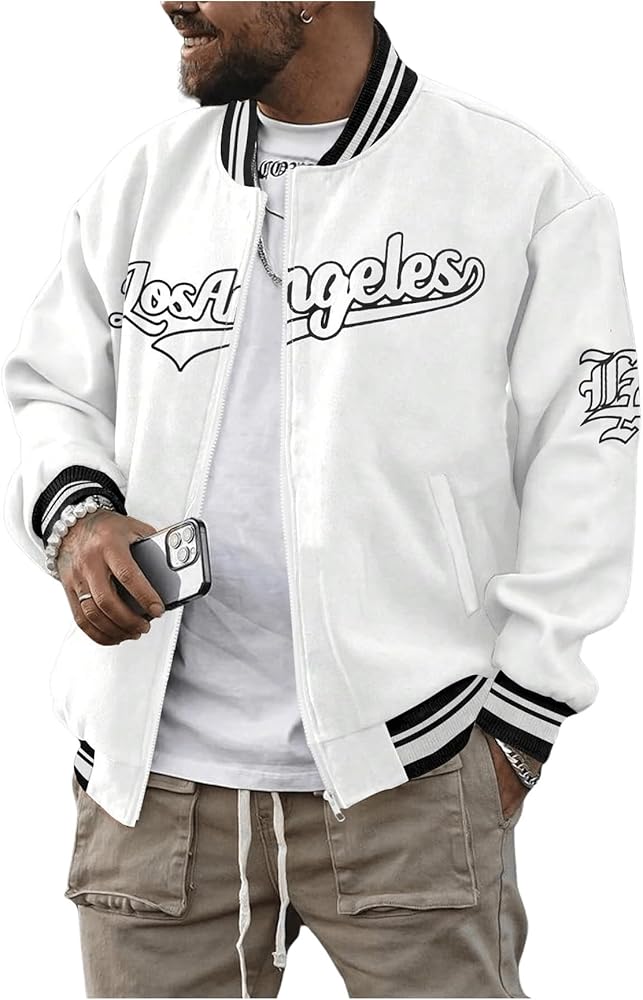 SOLY HUX Men's Varsity Jacket Zip Up Letter Print Striped Long Sleeve Streetwear Baseball Jacket