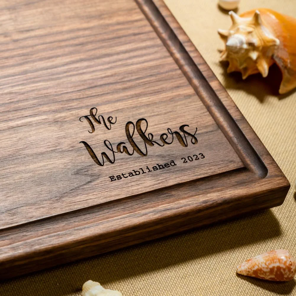 Walnut Artisan Personalized Cutting Boards, Custom Wedding, Anniversary or Housewarming Gift Idea, Wood Engraved Charcuterie Board for Kitchen or Chef, Stylish Corner Design 041