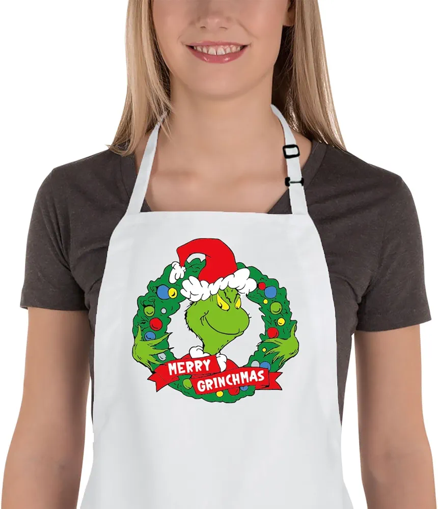 Funny Christmas Baking Apron, Merry Christmas Kitchen Aprons with 2 Pockets, Novelty Holiday Cooking Apron for Chef, Cute White Elephant Gifts for Bakers Mom Wife Husband Girlfriend Teenagers