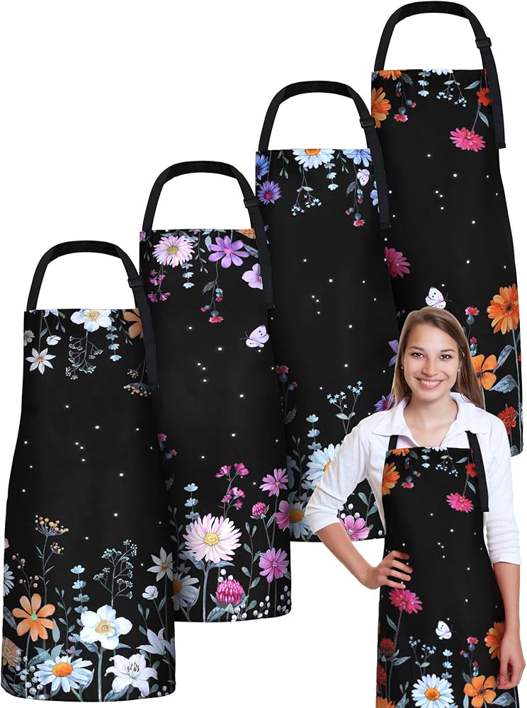 Bencailor 4 Pcs Christmas Aprons Set Santa Snowman Xmas Tree Kitchen Aprons Waterproof Christmas Red Green Cooking Aprons for Women Men(Dark Color,Wildflower)