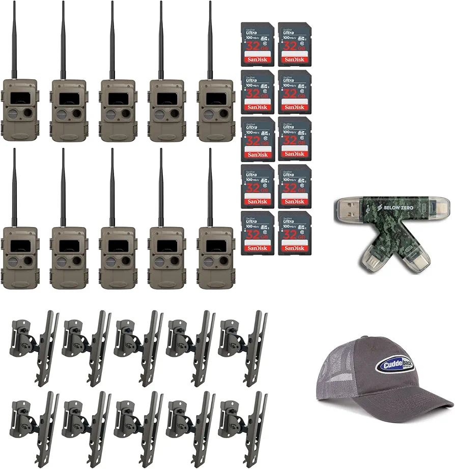 Cuddeback CuddeLink Wireless Trail Camera 3rd Gen Sensor, Low-Glow IR LED Camera with Antenna Bundle with Trail Camera Mount, 32 GB Memory Card, Adjustable Trucker Hat, and USB Card Reader (10-Pack)