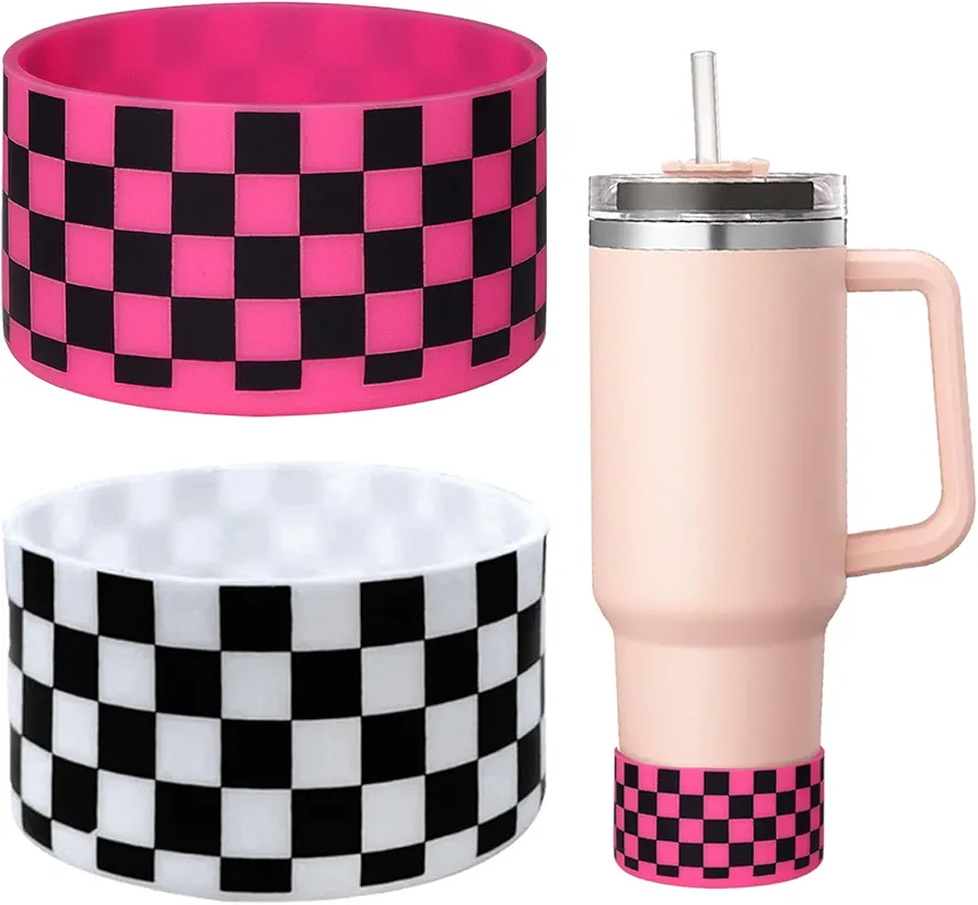 GENLEAS 2 PCS Checkered pattern Protective Silicone Boot for Stanley Tumbler 20oz-40oz, for Hydro Flask Water Bottle 12oz-24oz, Anti-Slip Sleeve for Bottles with 2.88-2.97in Bottom(1White 1Pink)