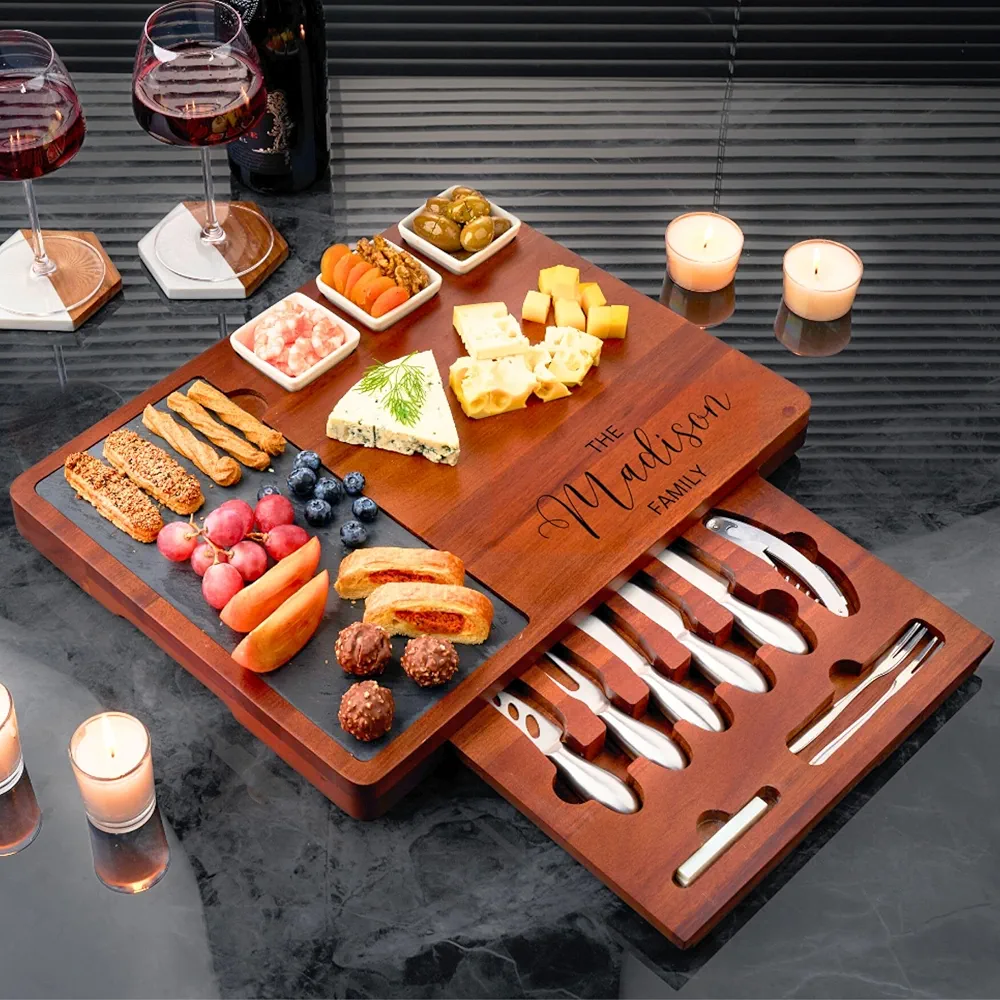 Personalized Premium Acacia Wood Charcuterie Board Set - Cheese Board with Stainless Steel Knives, Perfect for Christmas Gifts, Housewarming, Wedding, Bridal Shower, New Home Gift Ideas for Women