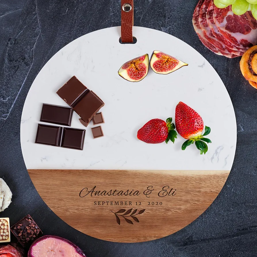 GAM Premium Personalized Cutting Board Wedding Gift for Couple - Custom Cutting Board Marble Wood Engraved Round 12" - New Home Gift, Wedding Gift, Closing Gifts for Home Buyers