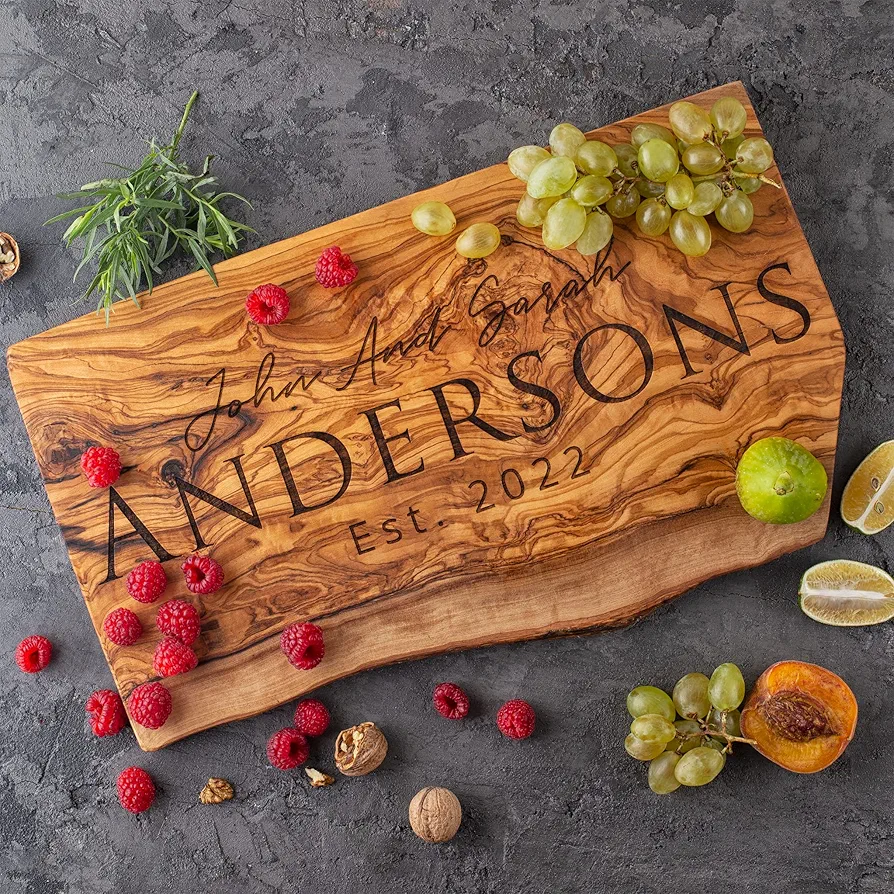 Olive Wood Personalized Charcuterie Board, Live Edge Charcuterie Board, Engraved Rustic Cheese Board, Wood Wedding Gift, Personalized Housewarming Gifts, 100% Natural & Handcrafted