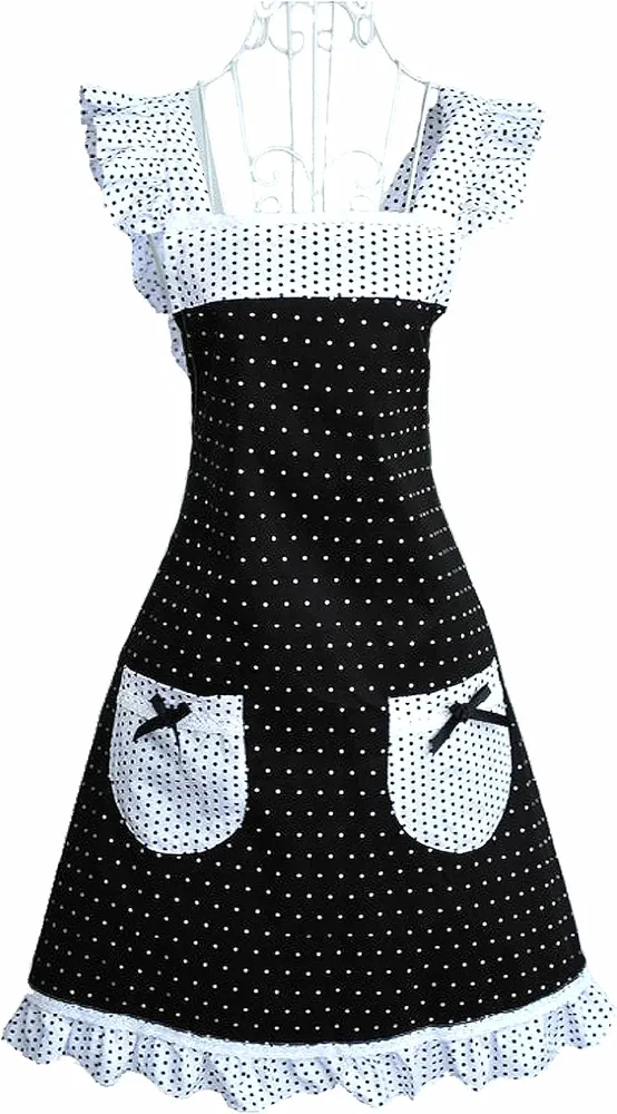 Hyzrz Princess Frill Lace Polka Dot Kitchen Cooking Aprons for Women with Pockets Cross Back