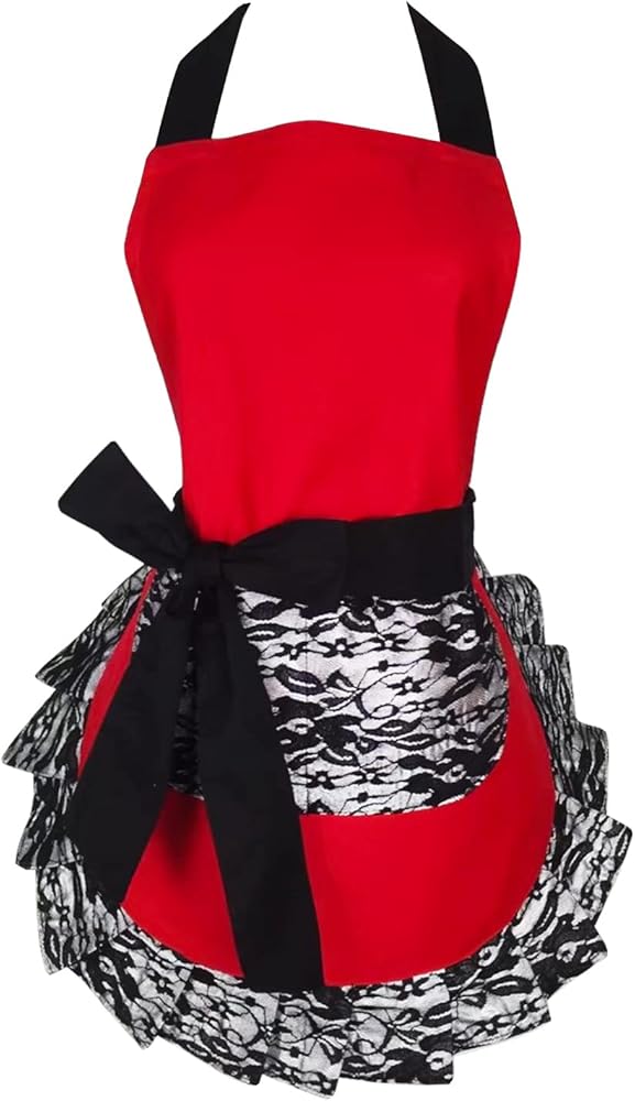 Black Lace Flirty Apron with Pocket, Fun Retro Sexy Cooking Pinup Aprons for Women Girls