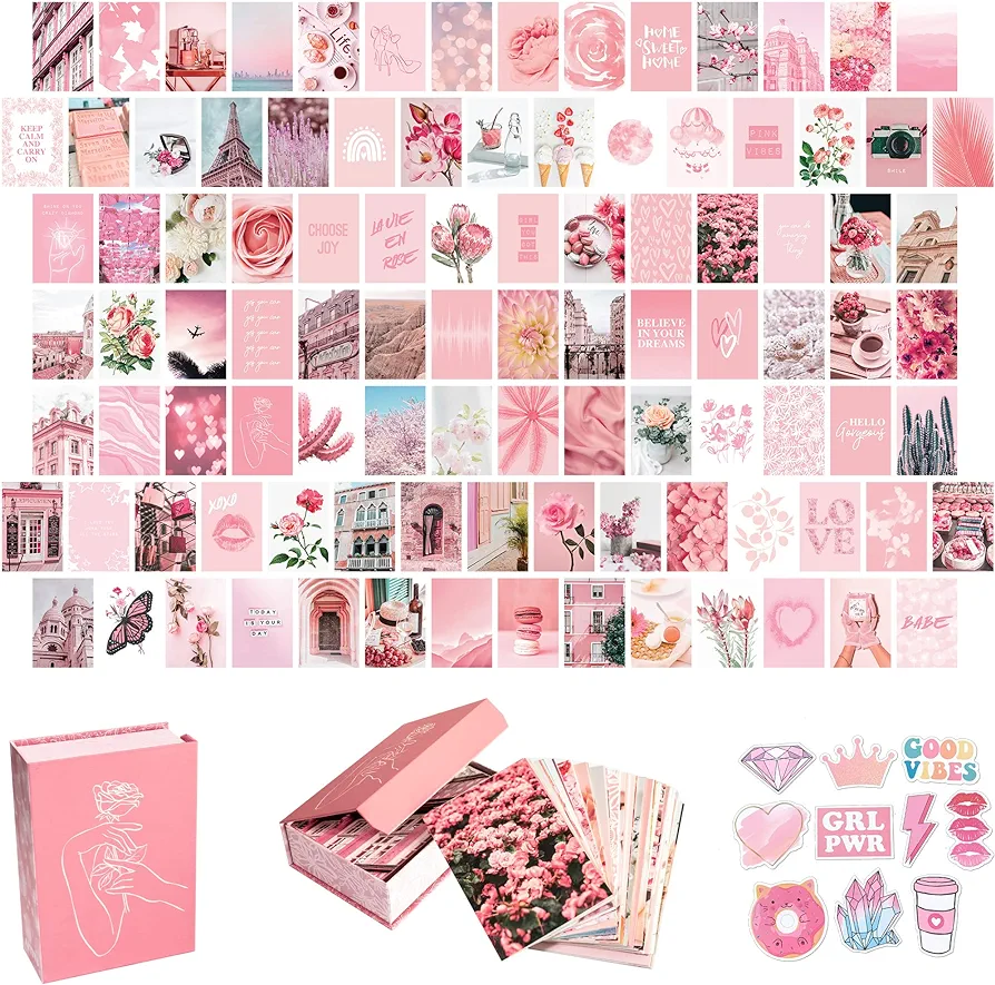 Artivo Pink Aesthetic Wall Collage Kit,100 Set 4x6 inch,Room Decor for Teen Girls,Pretty Blush Pink Wall Art Print,Dorm Photo Collection,Small Posters for Room Aesthetic