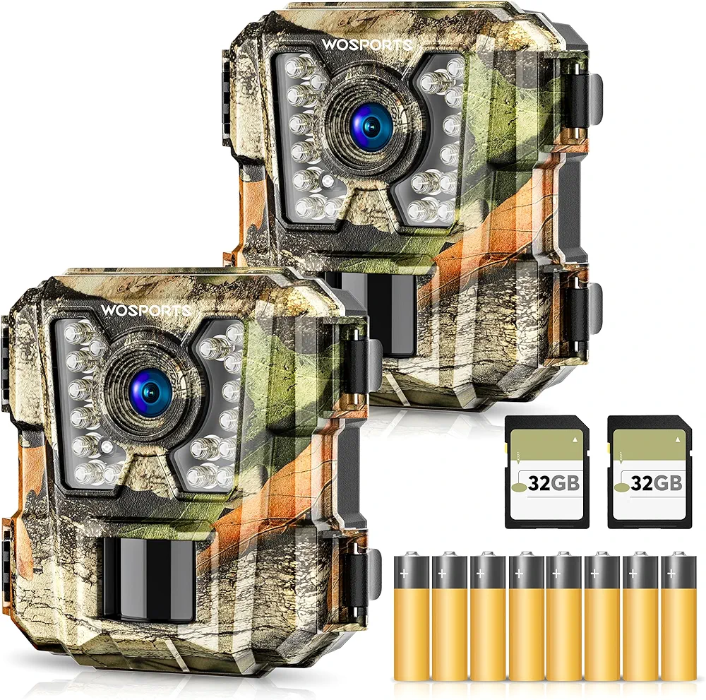 WOSPORTS Mini Trail Camera 2 Pack, 24MP 1080P HD Game Camera with SD Card and 8AA Batteries, Fast Trigger Time Infrared Night Vision Hunting Camera for Wildlife Monitoring