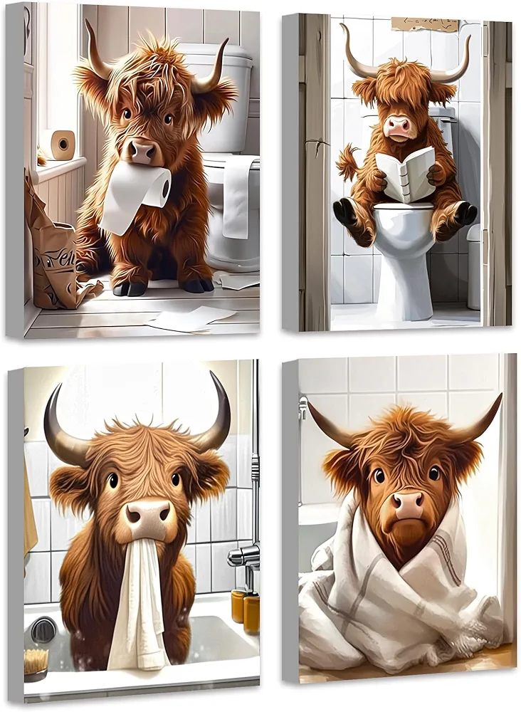 Drsoum Cute Highland Cow Bathroom Framed Wall Art Funny Animal Rustic Canvas Prints for Bathroom Restroom Decor 8x10in (Framed)