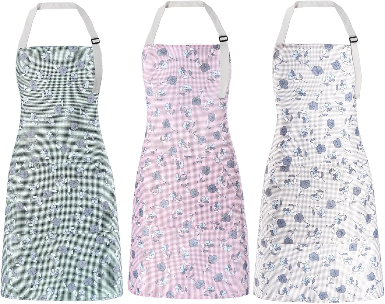 Apron for Women with Pockets, 3 Pcs Waterproof Floral Apron with Adjustable Neck Strap for Cooking, Baking, Gardening, Art Crafts