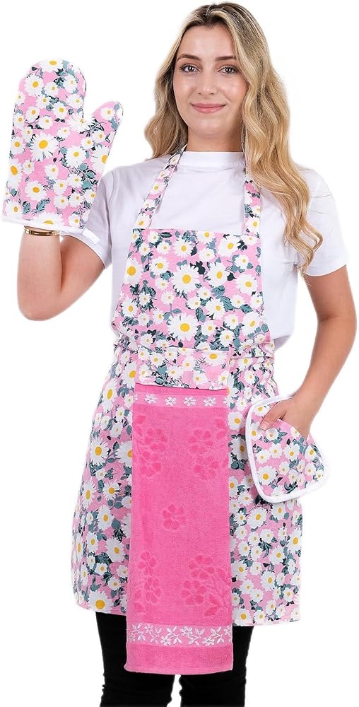 Apron Set with removable towel, Heat Resistant Kitchen Oven Mitt (7.5"x13") & Pot Holder (8"x8"),