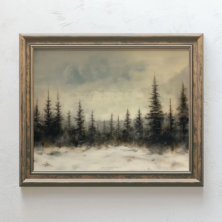 Winter Pine Forest Christmas Painting Print Art Rustic Landscape Poster Farmhouse Christmas Decor Winter Wall Art (11x14 inch Print Unframed)