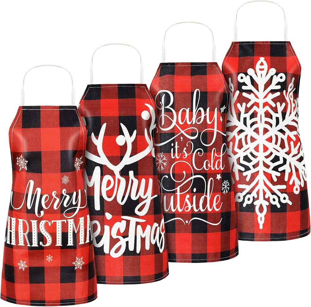 Geyoga 4 Pieces Christmas Kitchen Cooking Aprons Adjustable Buffalo Plaid Aprons for Women Men Christmas Baking Costume Baking Grilling Aprons with Snowflake Patterns and Words