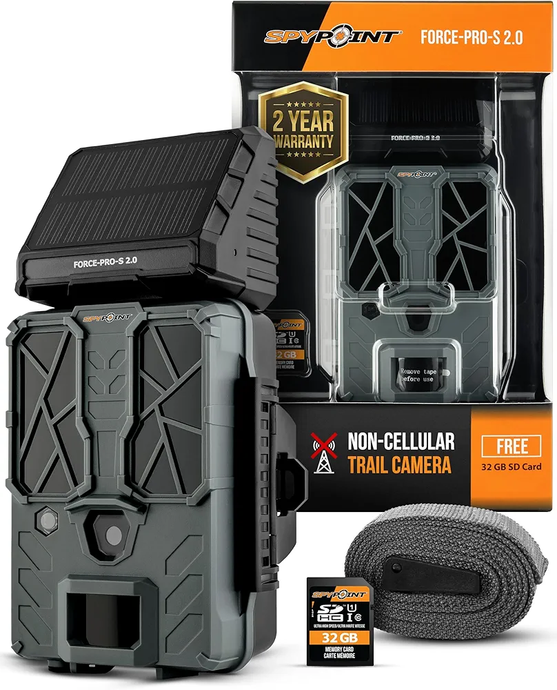SPYPOINT Force-PRO-S 2.0 Solar Trail Camera, Non-Cellular, Integrated Solar Panel, 0.2S Trigger Speed,110 ft Detection Range, 4K/2K/1080p Video Modes, 48MP Photos, Internal Battery Supply