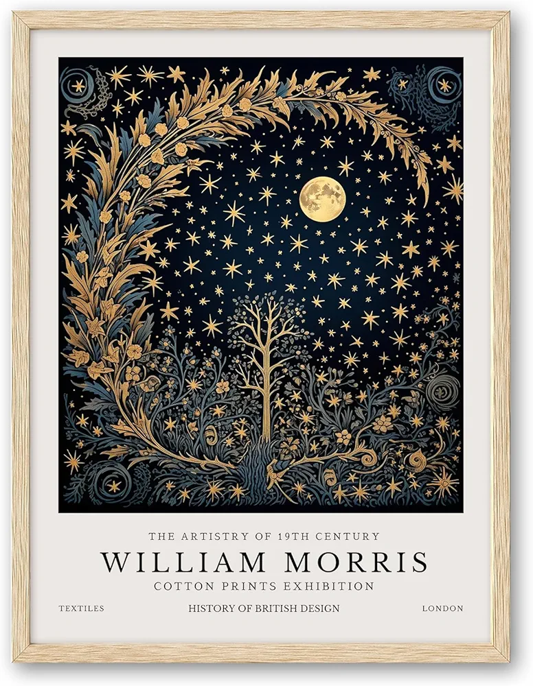 HesenDot William Morris Moon and Stars Framed Wall Art,12x16in Gold Botanical Canvas Print Posters Art,Vintage Night Natural OAK Wood Wall Decor for Living Room Bedroom Home Office, Set of 1