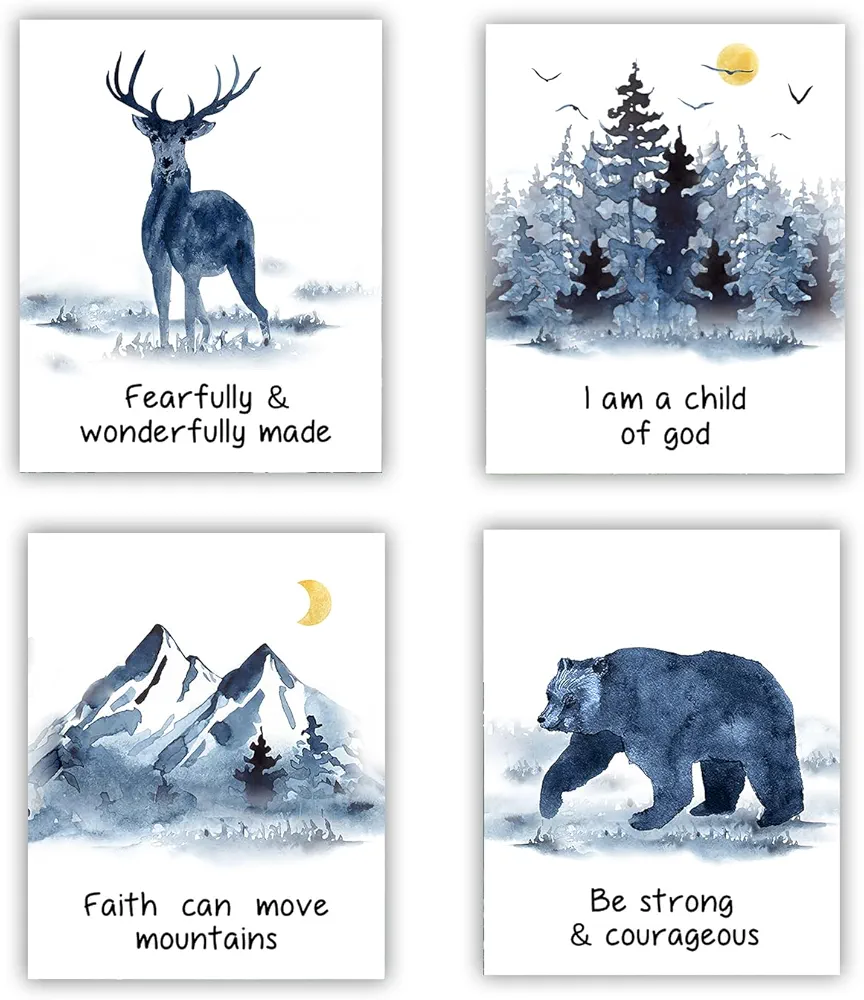 Forest Animals Bible Verse Poster ， Inspirational Quote Poster ，Watercolor Wall Art for Kids Room Decor ，suitable for Kids Room ,Playroom Nursery Decor Decor | 4-pack20.32 x 25.40 cm (Unframed) c