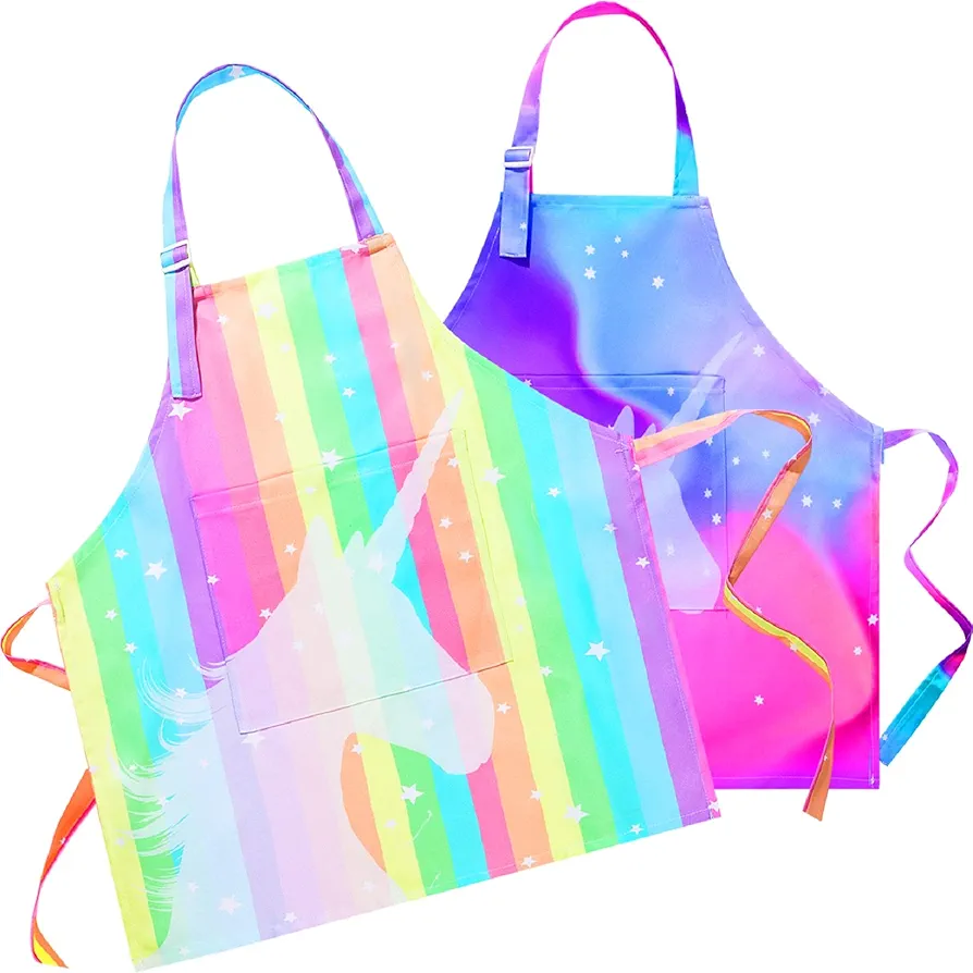 Sylfairy Aprons for Kids Girls Rainbow Galaxy Unicorn Apron with Pockets for Children Kitchen Chef Aprons for Cooking Baking Painting and Party(Medium,6-12Years)