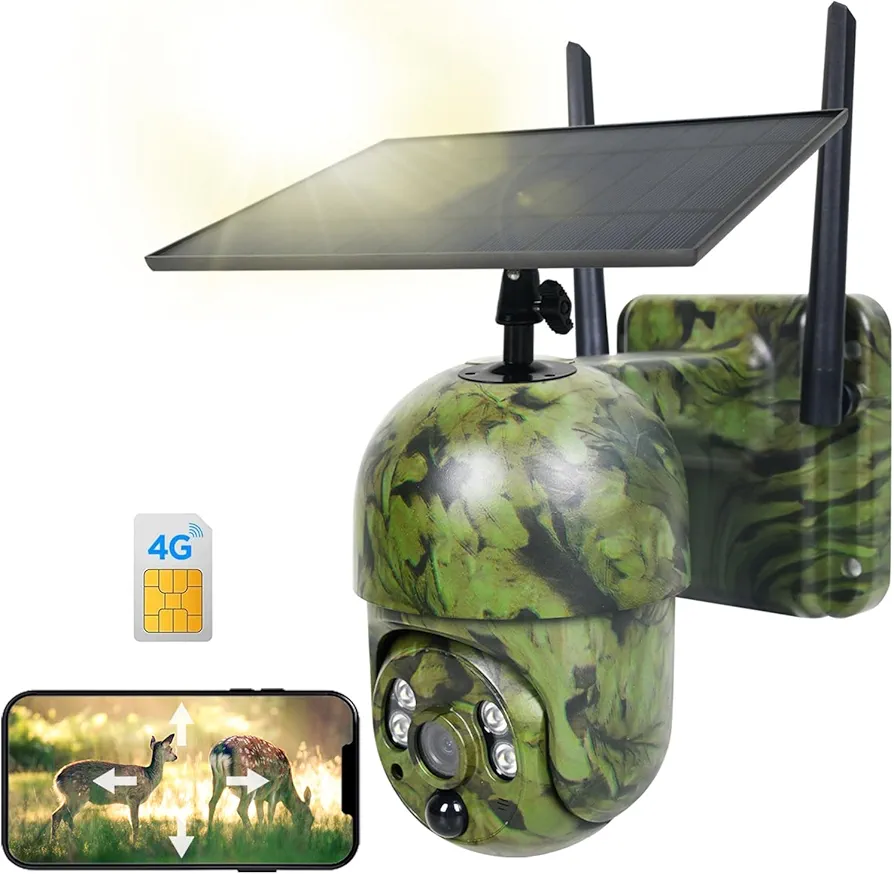 4G-LTE Cellular Trail Cameras, Solar Powered Game Camera with SIM Card, 360° Pan 100° Tilt, 2K Night Vision, Motion Activated, No WiFi, Waterproof Spotlight Security Camera for Wildlife Outdoor