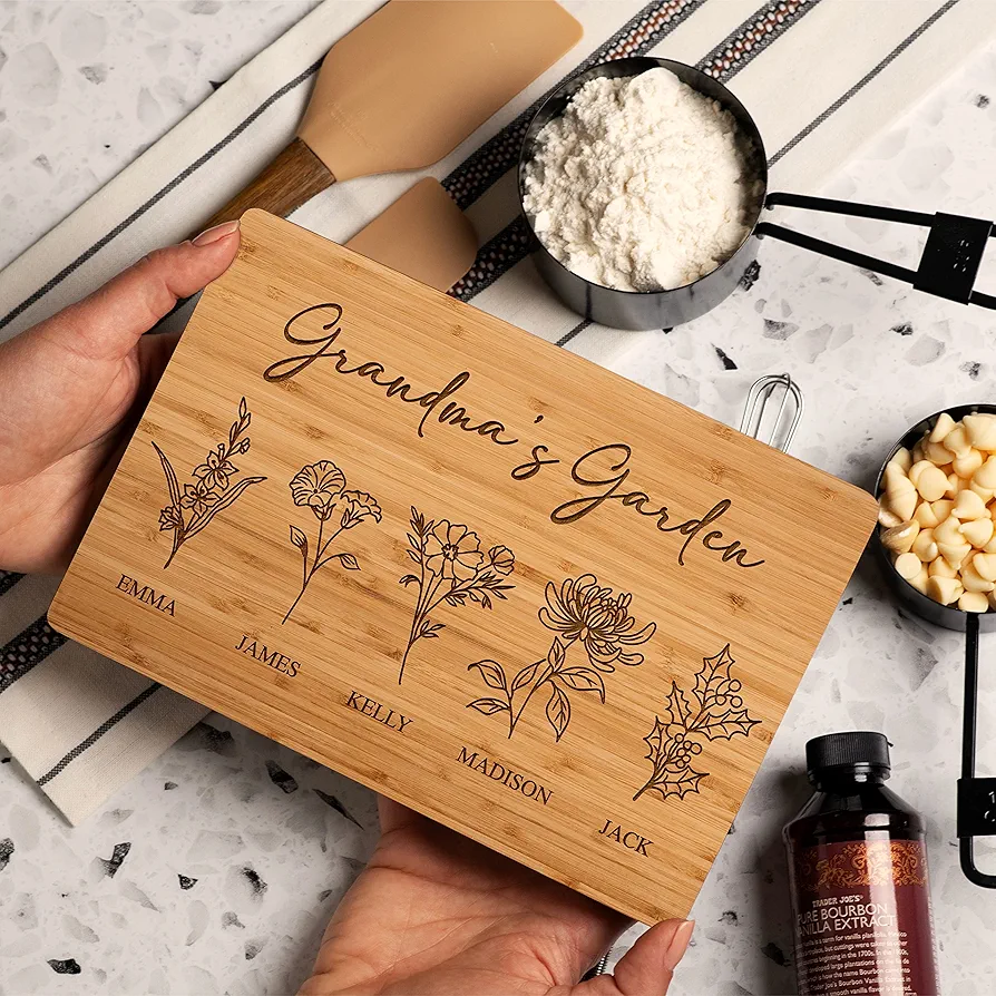 GRANDMA'S GARDEN, Personalized Cutting Board with Birth Flower Design, 9X6", Bamboo, Mothers Day Gifts for Grandma, Custom Engraved Gifts for Mom, Grandma - Grandma Gifts Ideas - 4 Names
