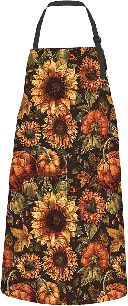 Pumpkin Sunflower Apron for Adult,Oxford Fabric Cooking Kitchen Adjustable Waterproof Heat Insulation Aprons with 2 Pockets,Ideal Gift for BBQ,Baking,Gardening Chef,Coffee House,Shop,27x31in