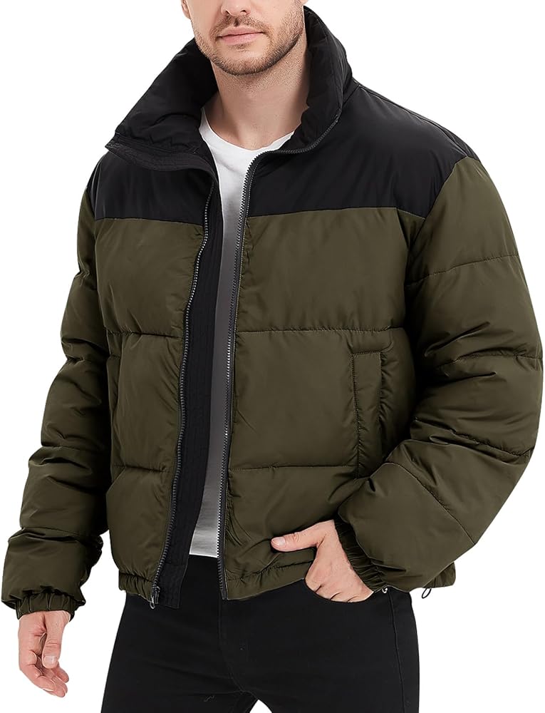 PEHMEA Men’s Puffer Jacket Stand Collar Zipper Coat with Pockets Retro Bubble Outwear for Winter