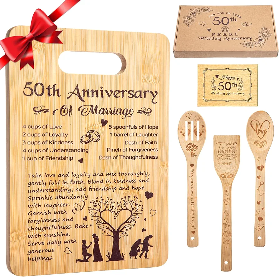 5 Pcs Christmas Kitchen Cutting Board Set Anniversary Married Gifts for Women Men Husband Wife Parents Couple Pearl Ruby Golden Diamond Wedding Anniversary-Recipe for a Happy Marriage(50th)