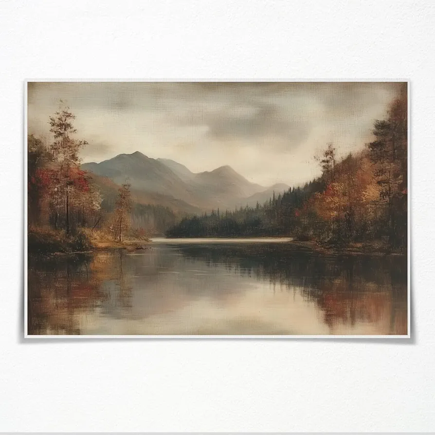 Fall Art Lake Landscape Print, Moody Autumn Wall Art, Retro Country Fall Pictures Wall Decor, Vintage Rustic Farmhouse Oil Painting, Canvas Fall Nature Posters for Living Room 12x8inch Unframed