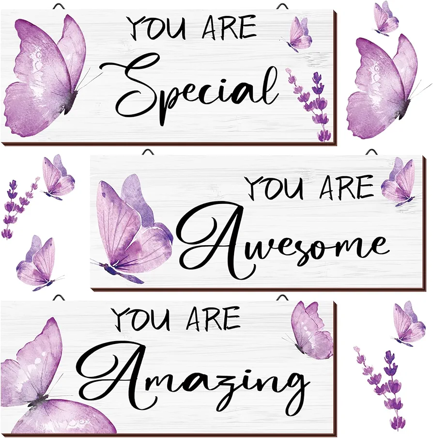 Geelin 3 Pcs Butterfly Wooden Hanging Wall Art Positive Quotes Butterfly Wall Art Prints with Butterfly for Inspirational Word Sign Decors Gift for Women Room (9.84 x 3.94 Inch,Purple)