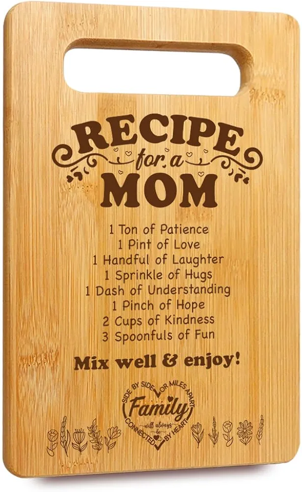 Cutting Board gifts for mom from Daughter Son with Recipe for a best mom, Cute Bamboo Cutting Board for New Mom, Thoughtful Gift for Step Mom Bonus Mom Stepmother Mama Mother