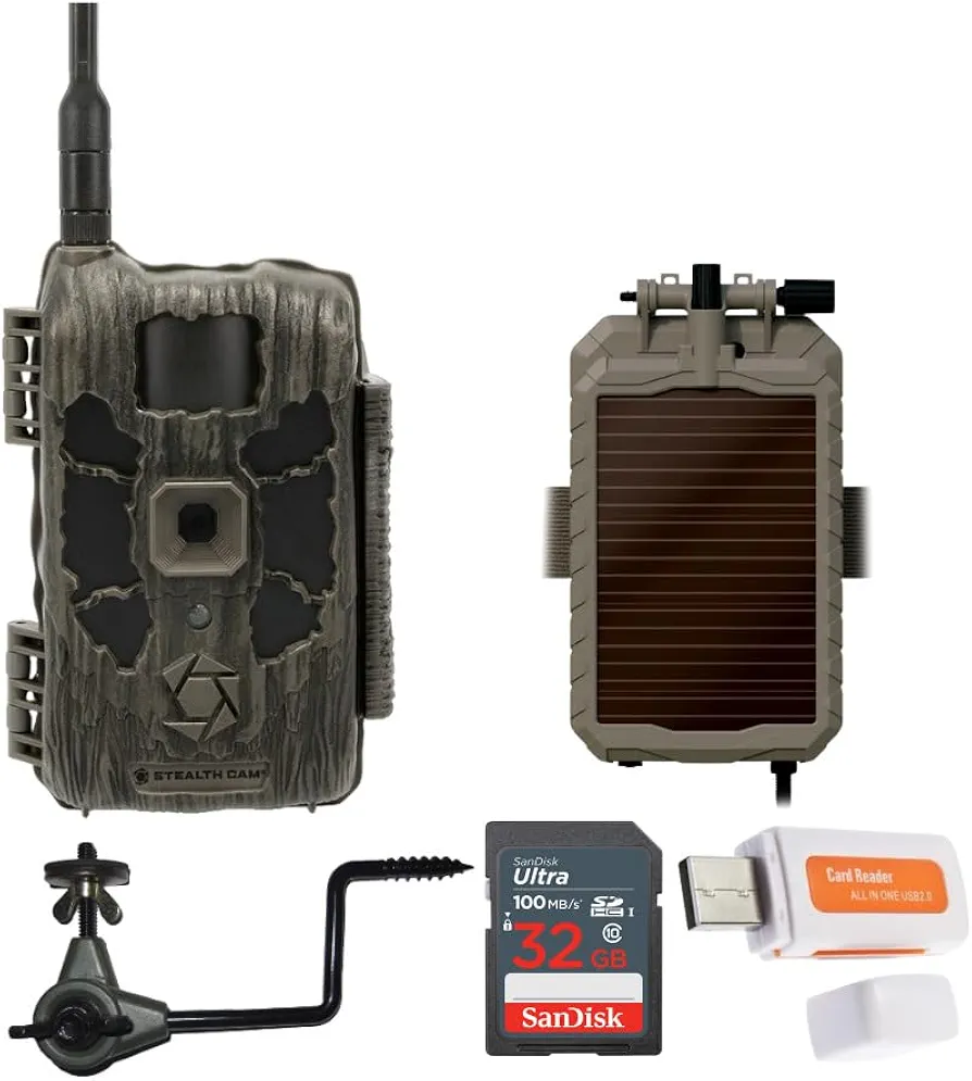 Stealth Cam 40MP Deceptor Max Cellular Trail Camera with 0.4-Second Trigger Speed Bundle with Stealth Cam Solar Power Panel, Trail Camera Holder, 32GB Memory Card, and Card Reader (5 Items)