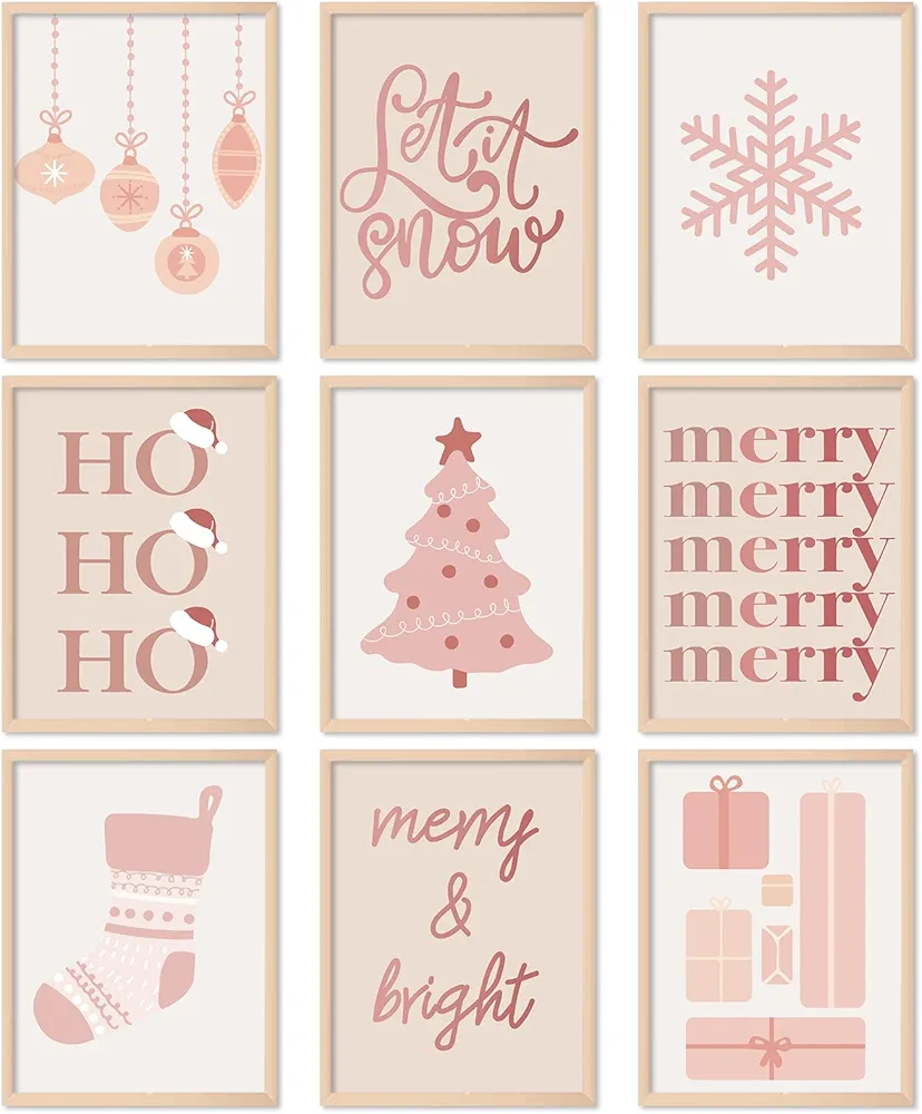 Whaline 9Pcs Christmas Boho Wall Art Prints Xmas Tree Snowflake Paper Posters Pink Decorative Aesthetic Pictures for Home Office Gallery Party, 11 x 14 Inch, Unframed