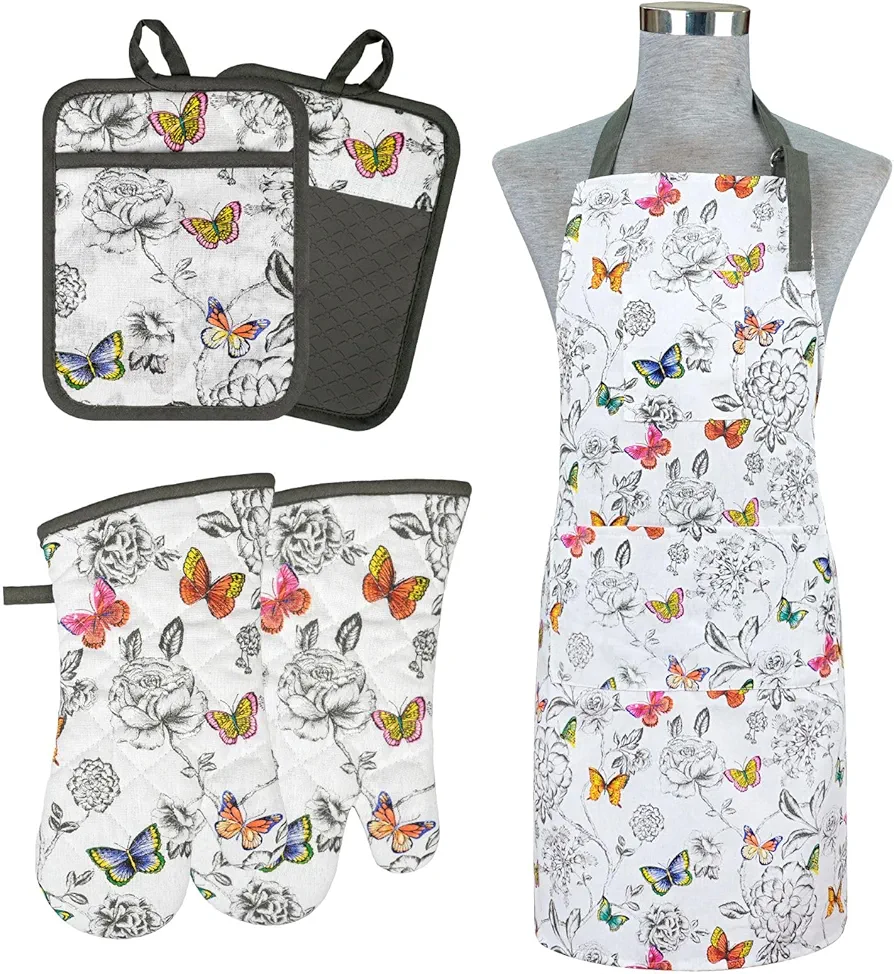 Oven Mitts and Pot Holders with Chaf Apron,Set of 5 Heat Resistant Kitchen Gloves and Silicone Non-Slip Potholders Adjustable Neck Buckle Apron, Cotton Nice Design for Cooking (Butterfly)