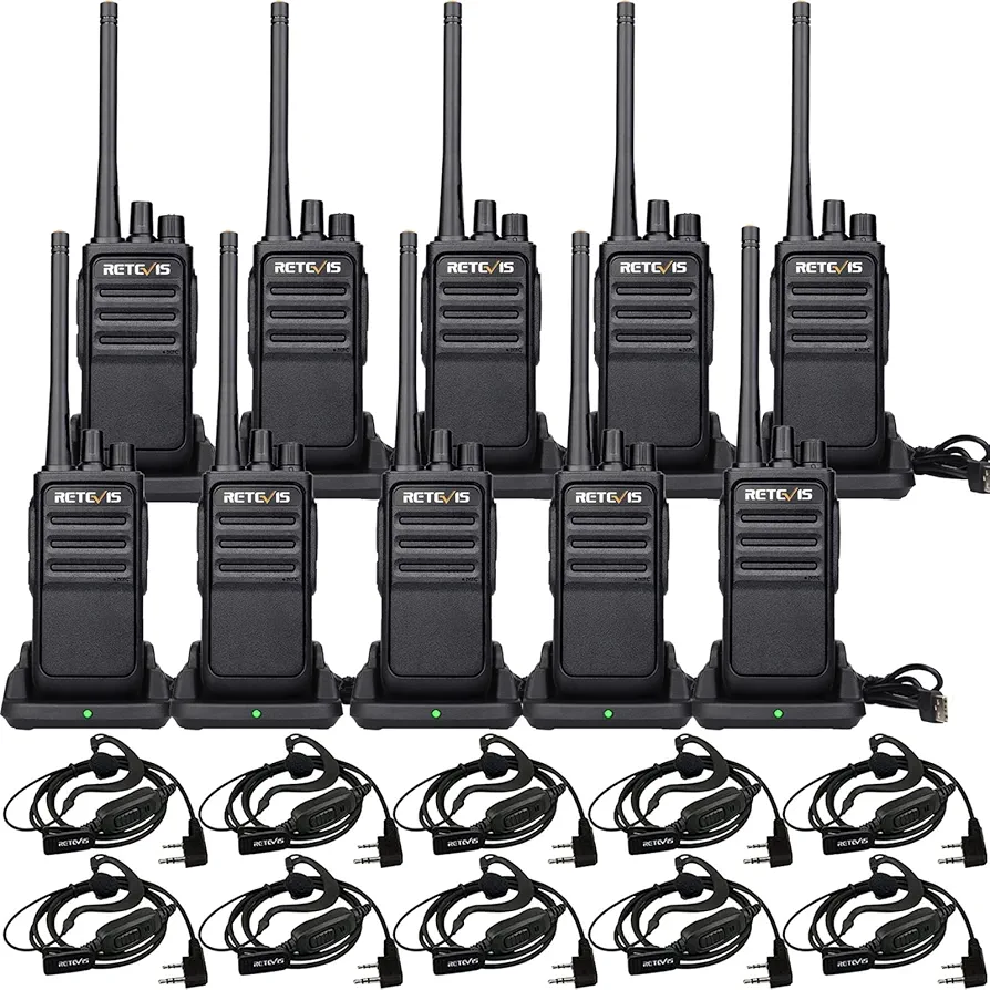 Retevis RT17 Walkie Talkies with Earpiece,Heavy Duty Walkie Talkies Long Range,Rechargeable Two Way Radio with USB Charging Base,for School Church Restaurant Commercial Pet Care (10 Pack)