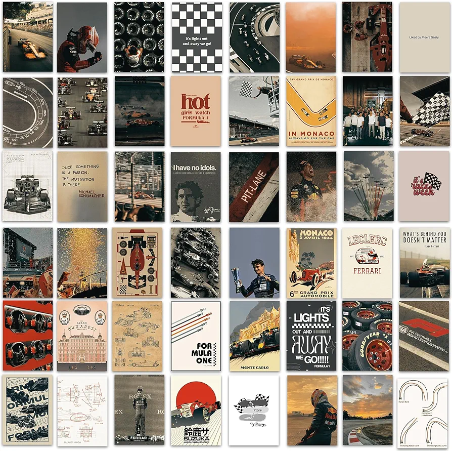 Formula 1 Poster Wall Art Collage Kit - 48 Pcs F1 Car Racing Decor Photo Collage - Best Gifts For F1 Fans, SPort Car Wall Art Prints - Living Room Or Office Decorations 4x6 UNFRAMED