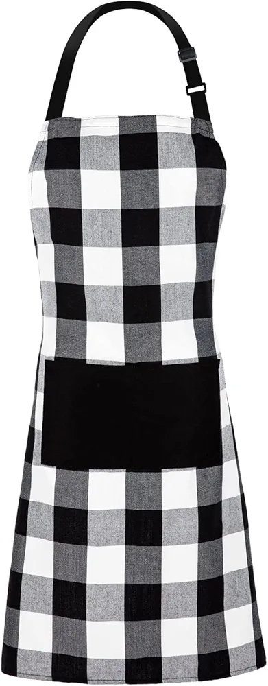 Jubatus 1 Pack Buffalo Check Apron with 2 Pockets Adjustable Bib Chef Kitchen Aprons for Men and Women, Black & White