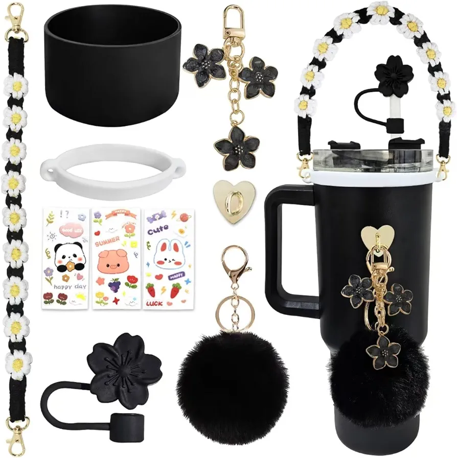 Accessories Set for Stanley Cup 40oz & 30oz Tumbler including Silicone Cute Straw Topper Cover, Boot for Stanley Cup,Water Bottle Handle Strap, Stanley Charms Black