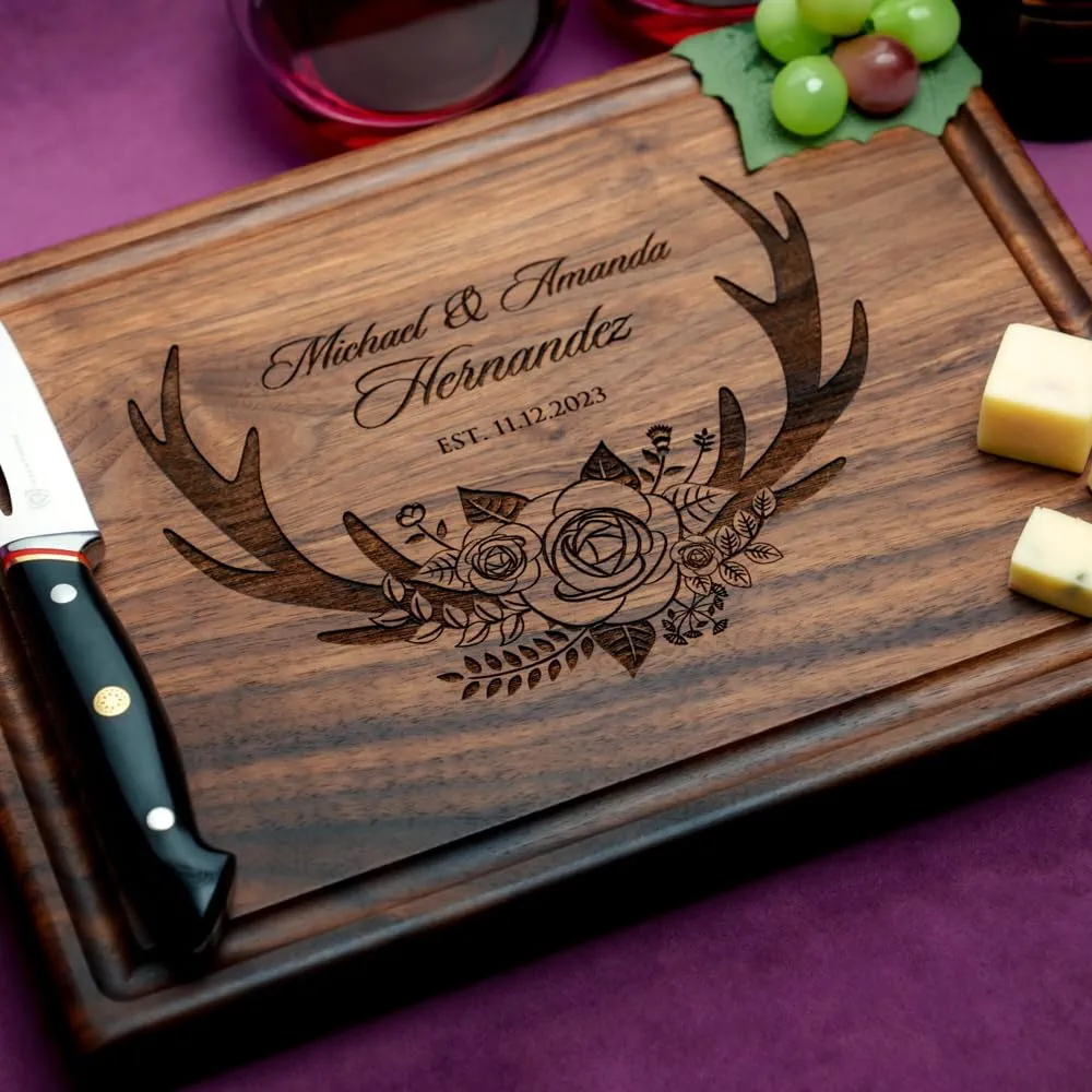 Straga Personalized Cutting Boards | Handmade Wood Engraved Charcuterie | Custom Wedding, Anniversary, Housewarming Gift for Couples (Floral Antlers Design No.412)
