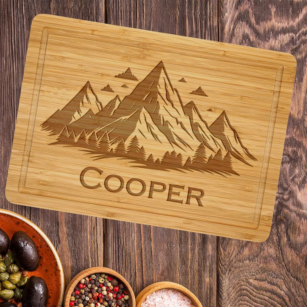 Mountain Personalized Cutting Boards, Customized Natural Bamboo Chopping Block Kitchen, Engraved Cutting Boards, Best Gifts for Housewarming, Wedding, Engagement, Bridal Shower, Anniversary