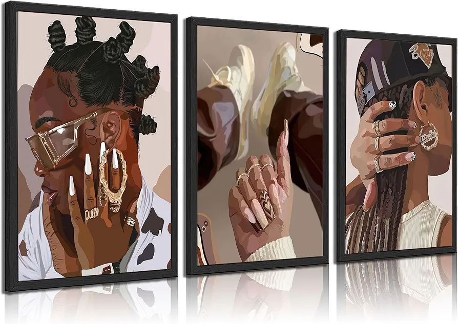 3Pcs African American Black Woman Wall Art Black Fashion Dancing Girl Posters Prints Hip Hop Sunglasses Jewelry Canvas Wall Decor Pictures Paintings for Home Living Room Bedroom Bathroom Decoration