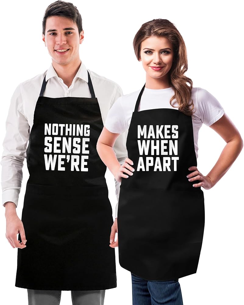 Funny Couple Aprons - Anniversary, Bridal Shower, Birthday, Wedding, Engagement Kitchen Gift Set for Him Her Girlfriend