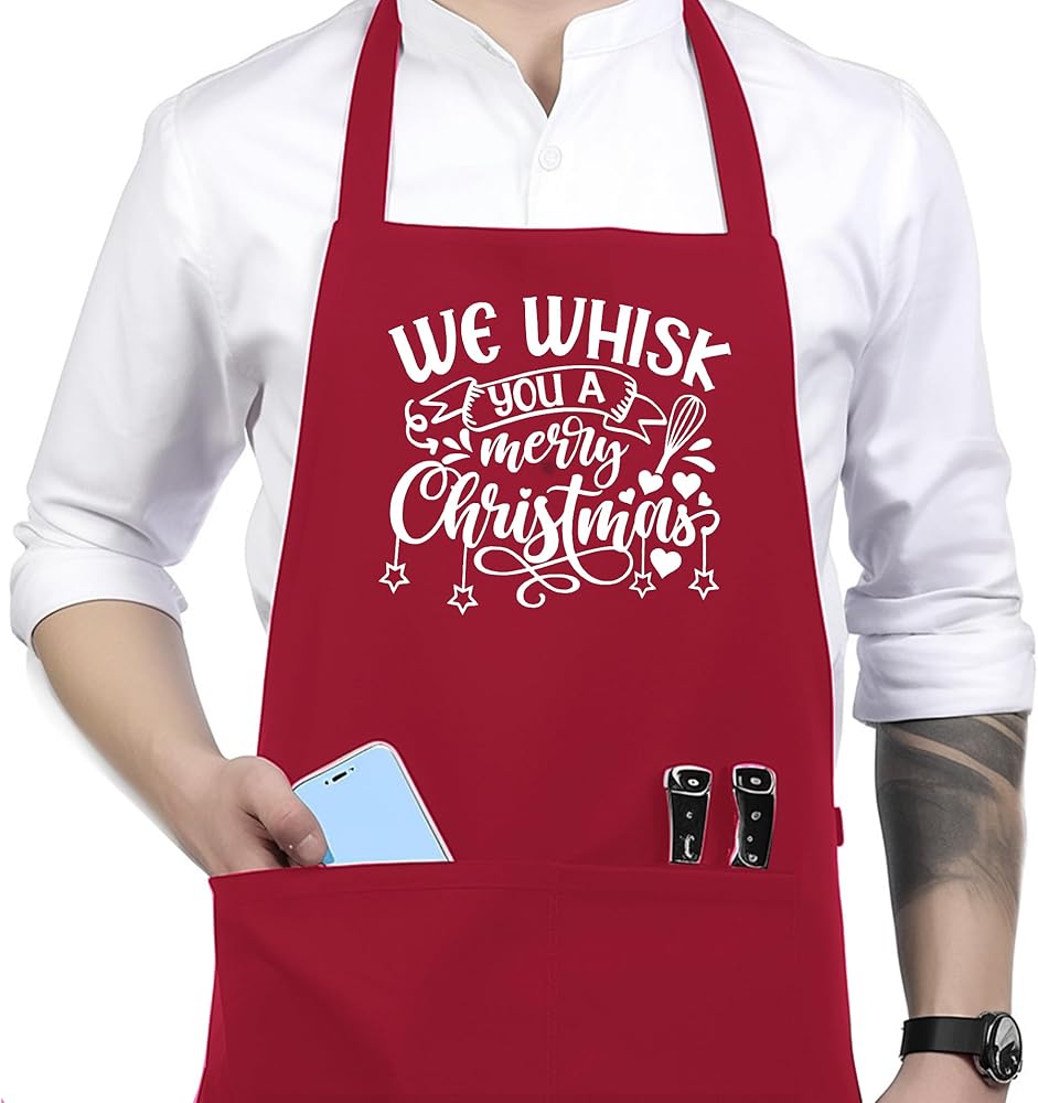 We Wish You a Merry Christmas Apron, Christmas Aprons for Women with Pockets, Christmas Kitchen Decor, Waterproof Adjustable Bib Apron for Cooking Baking Grilling Grill BBQ Kitchen Dishwashing
