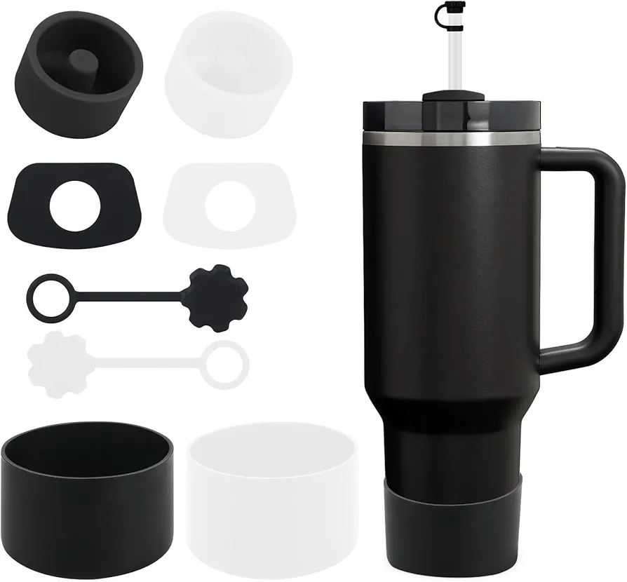 Stanley Cup Accessories 8 Pcs, Including 2 Straw Cover Cap, 2 Square Spill Stopper, 2 Round Leak Stopper, 2 Pcs Silicone Boot for Stanley Cup 2.0 40/30oz/Tumbler and IceFlow (clear+black)