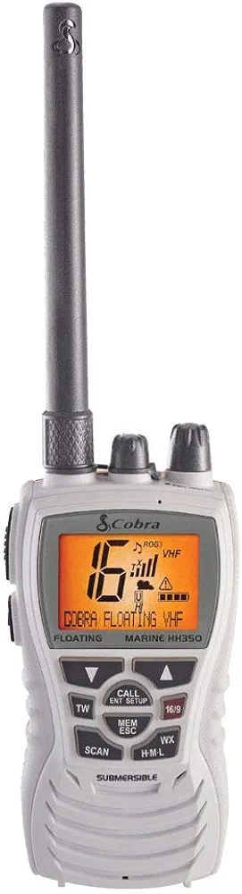 Cobra MR HH350 FLT Handheld Floating VHF Radio - 6 Watt, Submersible, Noise Cancelling Mic, Backlit LCD Display, NOAA Weather, and Memory Scan, White