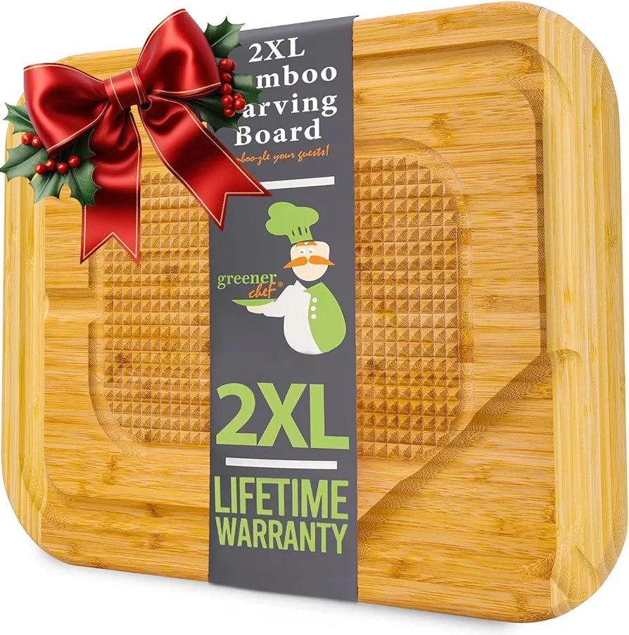GREENER CHEF 24 Inch 2XL Meat Carving Board with Lifetime Replacements, Turkey Platter for Holidays, Wooden Chopping Boards, Butcher Block Wood Meat Cutting Board with Pour Spout